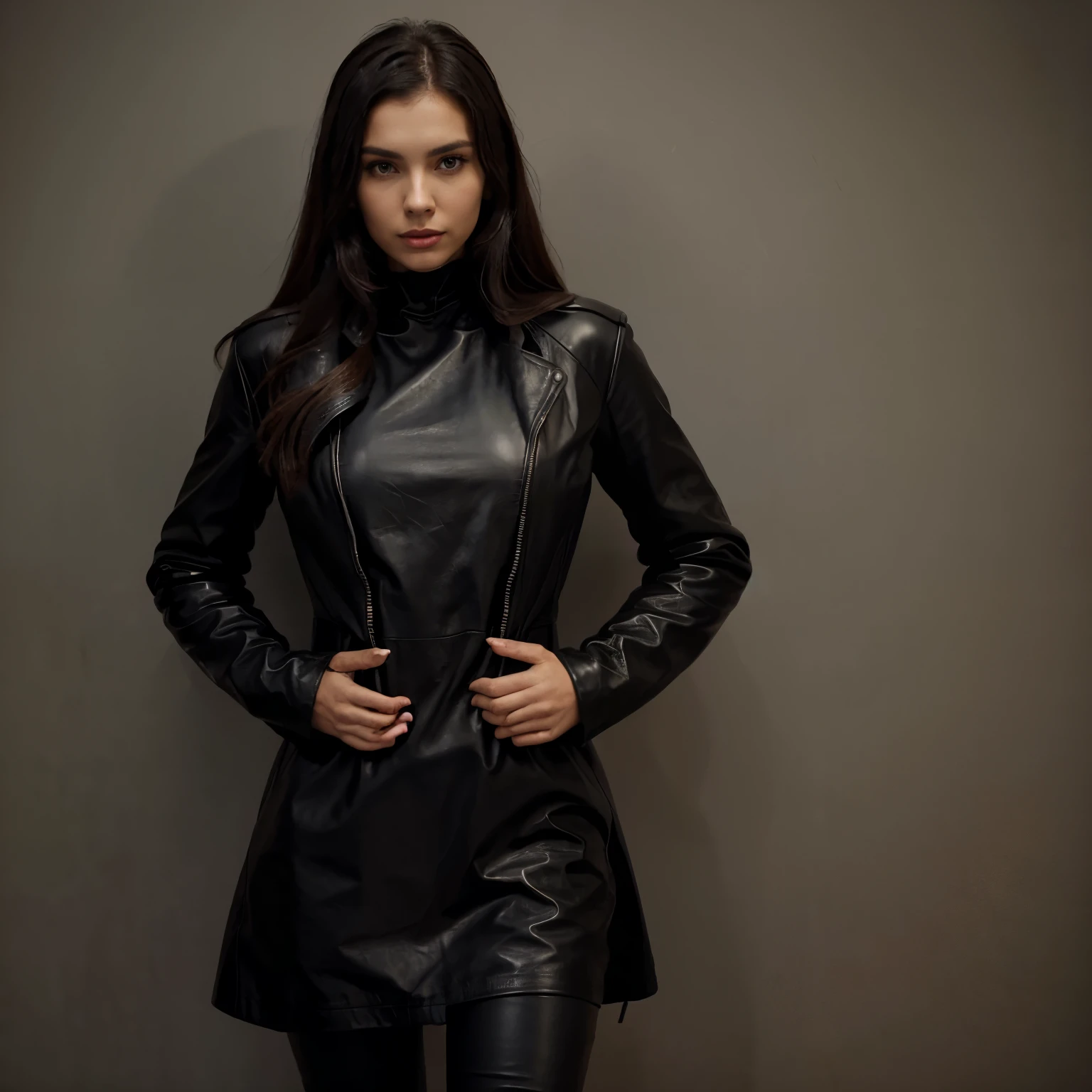 a woman in a black dress and a black jacket posing for a picture, leather clothes, black leather slim clothes, leather, skintight jet black leahter coat, leather clothing, black jacket, leather coat, girl in a suit, short leather coat, leather top, anastasia ovchinnikova, long black jacket, black leather, wearing a full leather outfit