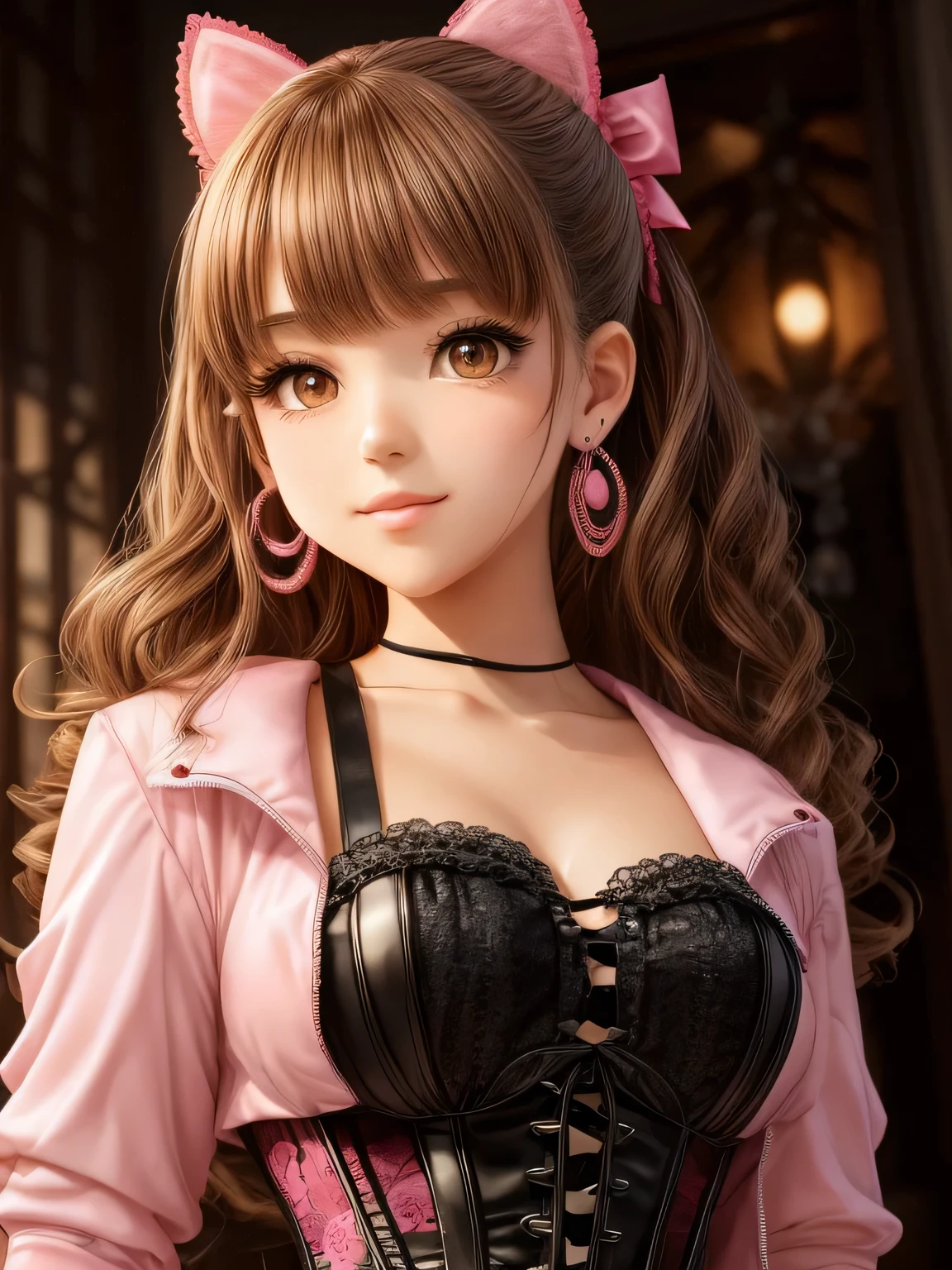 A girl with curly, light brown hair and an oval face. She has round, doe eyes with brown color and manga-style eyelashes. She is wearing gyaru makeup and animal print clothes, which reflect her gyaru clothing style. Her outfit consists of black and pink colors, with a corset and skirt adorned with bows. She has long, pink nails and wears earrings with pom poms. The girl poses cutely, radiating a sense of charm and innocence.
The image should be of the best quality, with a resolution of 4k or higher. It should be ultra-detailed and have a photorealistic effect with a strength of 1.37. The lighting should be vibrant and evoke a studio-like atmosphere. The colors should be vivid and the image should have a bokeh effect in the background. The overall style of the image should be in line with portraits and anime. The colors should be vibrant and colorful, with a soft, warm light illuminating the scene.