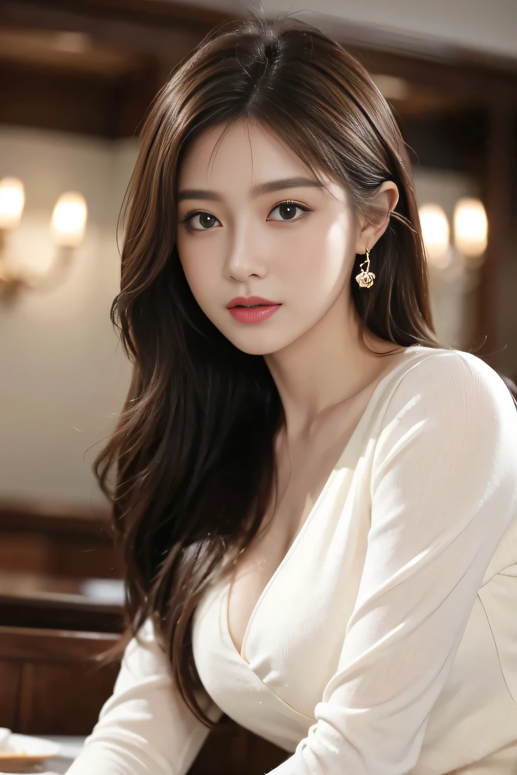masterpiece, highest quality, Realistic, Very detailed, Finer details, High resolution, 8k wallpaper, One beautiful woman, Wear casual business attire, In a great restaurant, At night, Light brown messy hair, Perfect dynamic composition, Beautiful and beautiful eyes、Big earrings