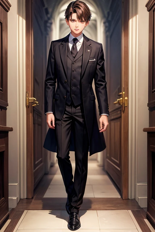 15 year old boy, short brown hair, ropa medieval francesa, camisa celeste con corbata negra, black pants, zapatos negros, chaqueta de piel ojos azules broche de zafiro con forma de pino, fondo oscuro de castillo.