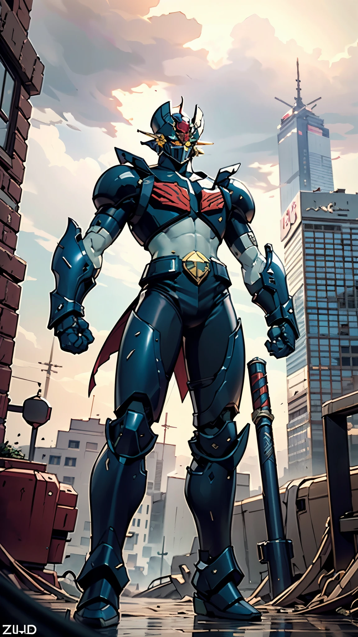 A man wearing a full-face helmet, a fantasy-style biotech armored combat suit, green eyes, (a composite layered chest armor), fully enclosed shoulder guards, matching arm and leg guards, the belt is adorned with Z mark, (the color scheme is primarily white with red and blue accents), the design balances heavy with agility, a high-tech bio-mecha armor, (Armor Concept Inspired by Mazinger Z, stand on the top of a skyscraper in a futuristic sci-fi city), this character embodies a finely crafted fantasy-surreal style armored hero in anime style, exquisite and mature manga art style, (battle damage, element, plasma, energy, the armor glows), ((male:1.5)), metallic, real texture material, dramatic, high definition, best quality, highres, ultra-detailed, ultra-fine painting, extremely delicate, professional, perfect body proportions, golden ratio, anatomically correct, symmetrical face, extremely detailed eyes and face, high quality eyes, creativity, RAW photo, UHD, 32k, Natural light, cinematic lighting, masterpiece-anatomy-perfect, masterpiece:1.5