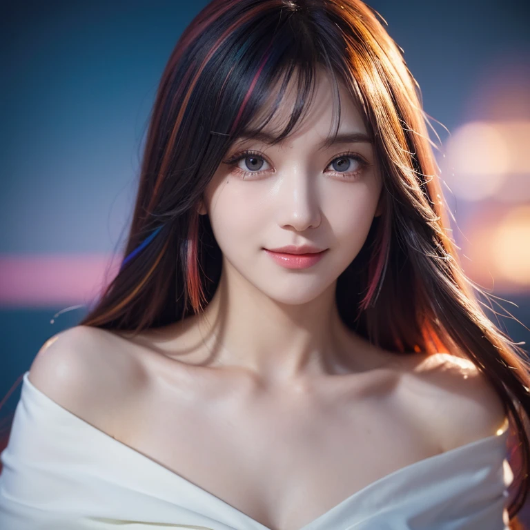 Best quality, masterpiece, super high resolution, multicolored hair, long hair, asymmetric bangs, gradient eyes, eyeballs, shyness, smile, evil, off-the-shoulder, character setting, close-up, surrealism, UHD, award-winning, bust