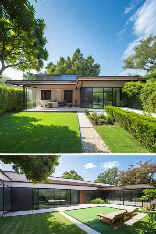 (masterpiece), (8k, Photorealistic, Raw photo, Best image quality), Modern Japanese design house、highest quality、masterpiece、超A high resolution、(Photorealistic:1.4)、Highly detailed and professional footage、Clear skies、Lots of glass、There are garden trees