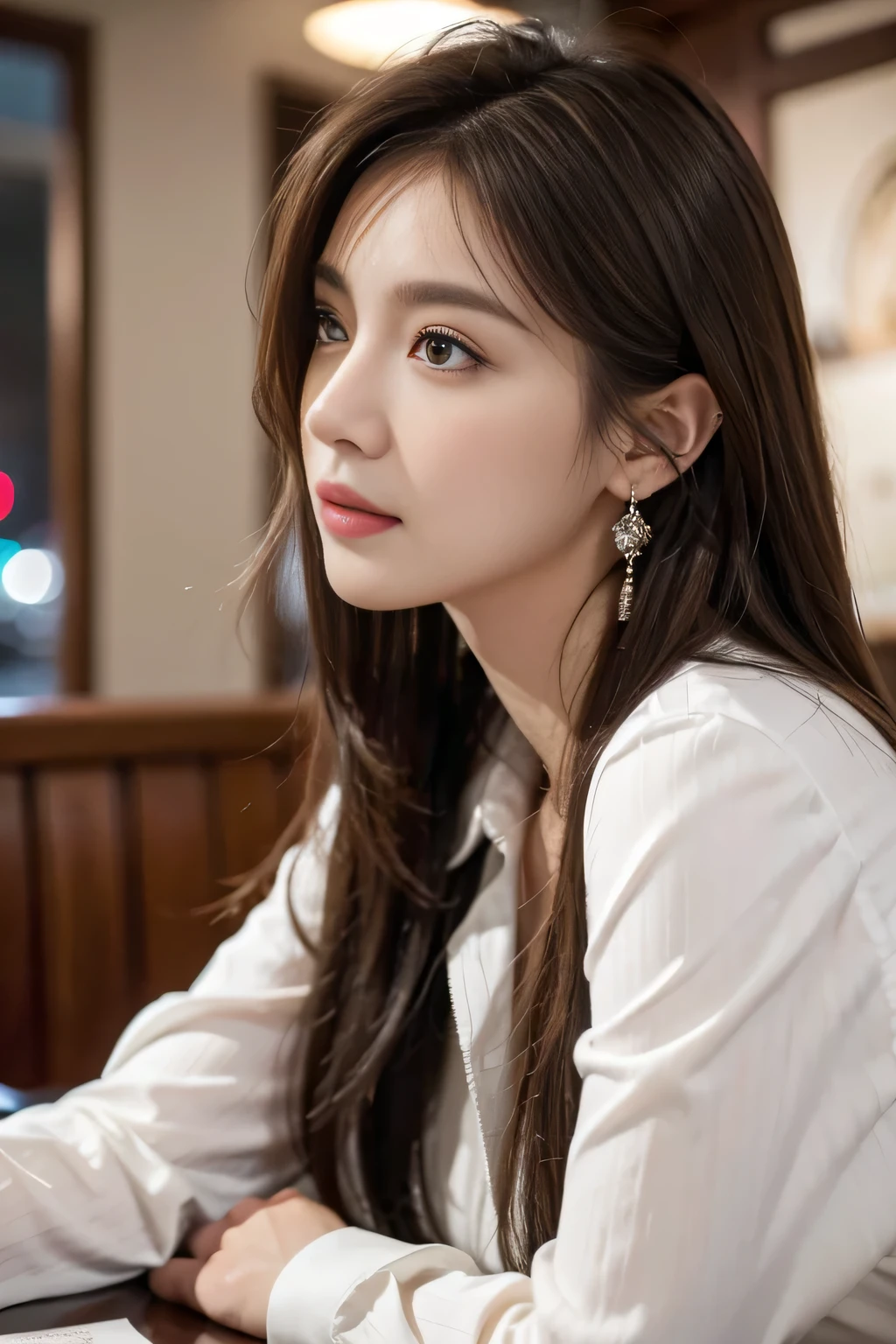 masterpiece, highest quality, Realistic, Very detailed, Finer details, High resolution, 8k wallpaper, One beautiful woman, Wear casual business attire, In a great restaurant, At night, Light brown messy hair, Perfect dynamic composition, Beautiful and beautiful eyes、Big earrings