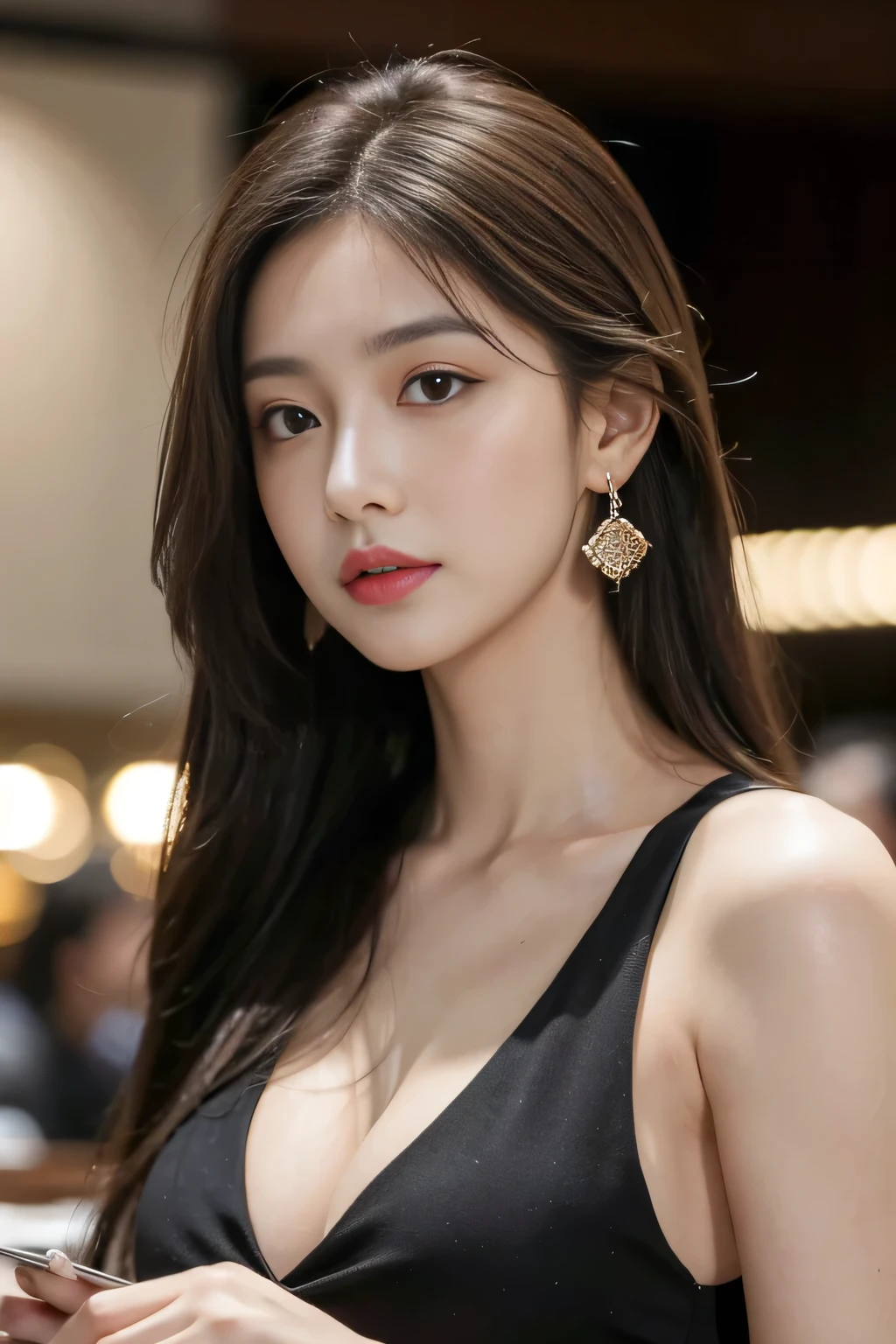 masterpiece, highest quality, Realistic, Very detailed, Finer details, High resolution, 8k wallpaper, One beautiful woman, Wear casual business attire, In a great restaurant, At night, Light brown messy hair, Perfect dynamic composition, Beautiful and beautiful eyes、Big earrings