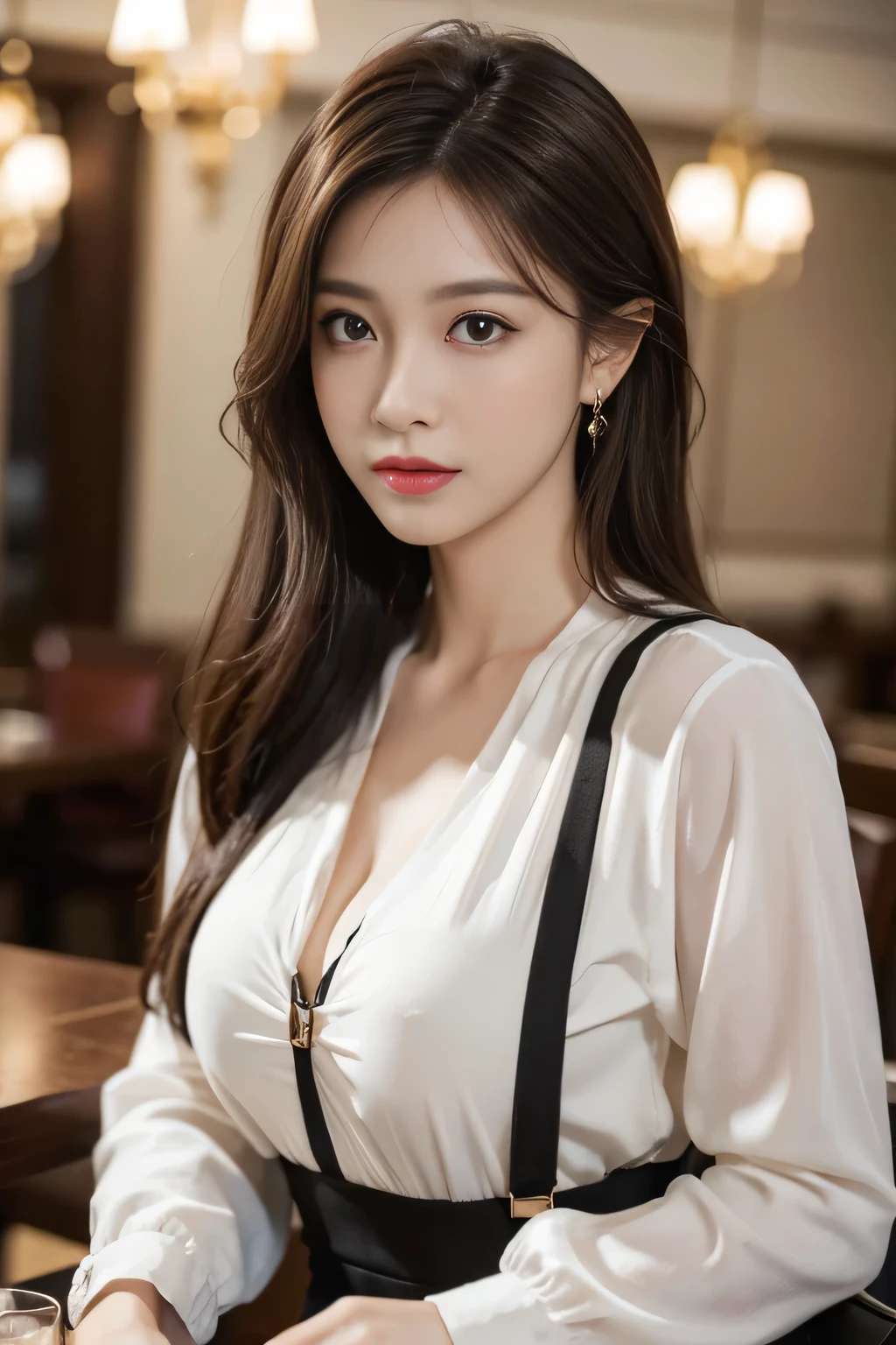 masterpiece, highest quality, Realistic, Very detailed, Finer details, High resolution, 8k wallpaper, One beautiful woman, Wear casual business attire, In a great restaurant, At night, Light brown messy hair, Perfect dynamic composition, Beautiful and beautiful eyes、Big earrings