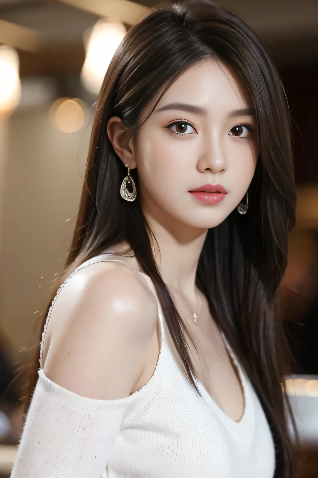 masterpiece, highest quality, Realistic, Very detailed, Finer details, High resolution, 8k wallpaper, One beautiful woman, Wear casual business attire, In a great restaurant, At night, Light brown messy hair, Perfect dynamic composition, Beautiful and beautiful eyes、Big earrings