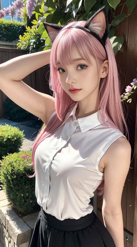 1girl, solo, cute girl with pink hair, pink eyes, wisteria flower background, soft natural light, cat ears, sleeveless white shirt