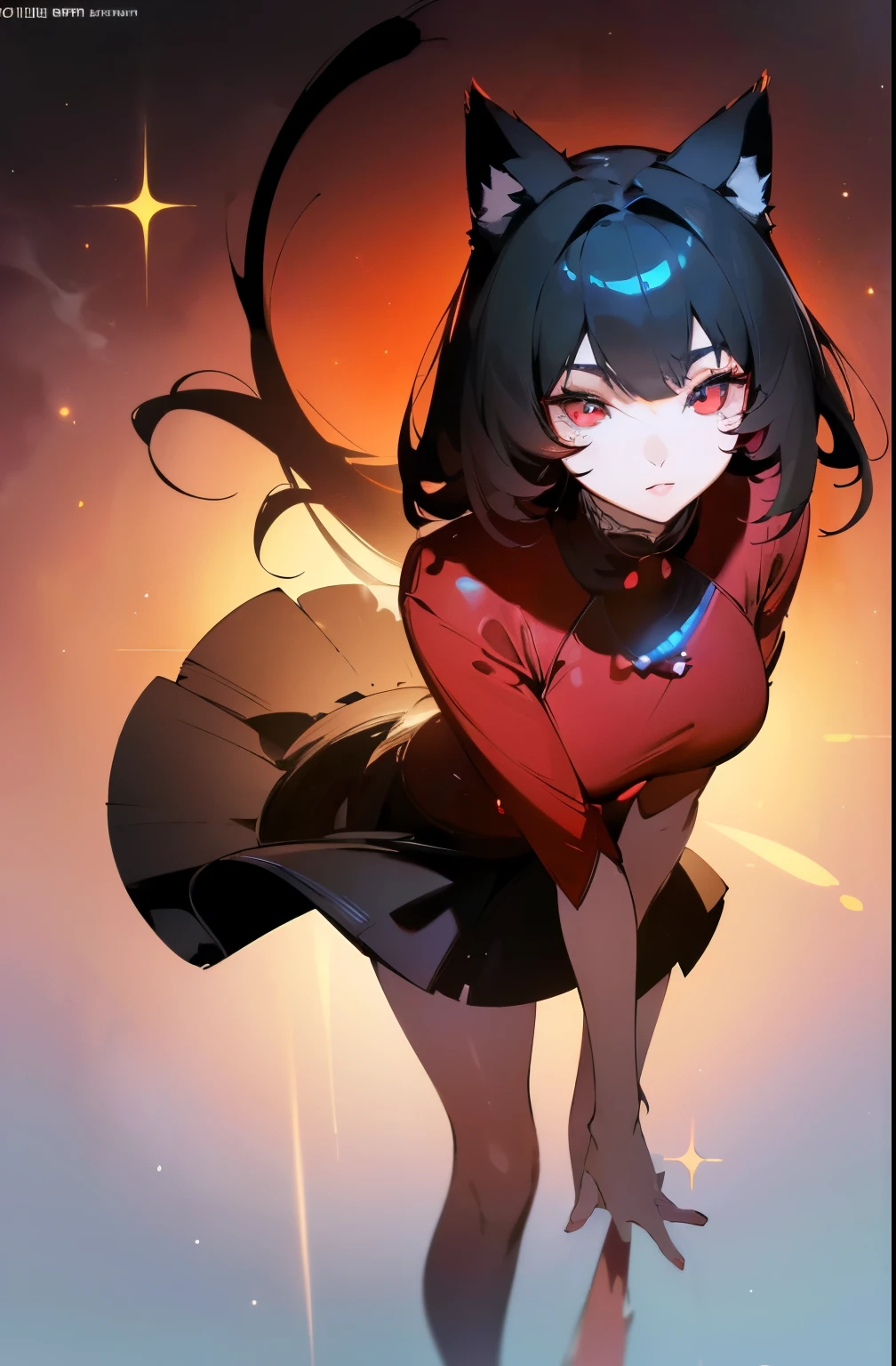 (Cat girl), (smoking), cat ears, black hair, business casual attire, cool, red dress shirt, pretty red eyes, cat tail, ((Crimson Red Eyes eyes: 1.3, Upturned Eyes: 1, Perfect Eyes, Beautiful Detailed Eyes, Gradient eyes: 1, Finely Detailed Beautiful Eyes: 1, Symmetrical Eyes: 1, Big Highlight On Eyes: 1.2)), (((Lustrous Skin: 1.5, Bright Skin: 1.5, Skin Fair, Shiny Skin, Very Shiny Skin, Shiny Body, Plastic Glitter Skin, Exaggerated Shiny Skin, Illuminated Skin))), (Detailed Body, (Detailed Face)), (((Skirt))), High Resolution, Sharp Focus, Ultra Detailed, Extremely Detailed, Extremely High Quality Artwork, (Realistic, Photorealistic: 1.37), 8k_Wallpaper, (Extremely Detailed CG 8k), (Very Fine 8K CG), ((Hyper Super Ultra Detailed Perfect Piece)), (((Flawless masterpiece))), Illustration, Vibrant Colors, (Intricate), High Contrast, Selective Lighting, Double Exposure, HDR (High Dynamic Range), Post-processing, Background Blur, (Sexy pose), (Mature woman), big sis