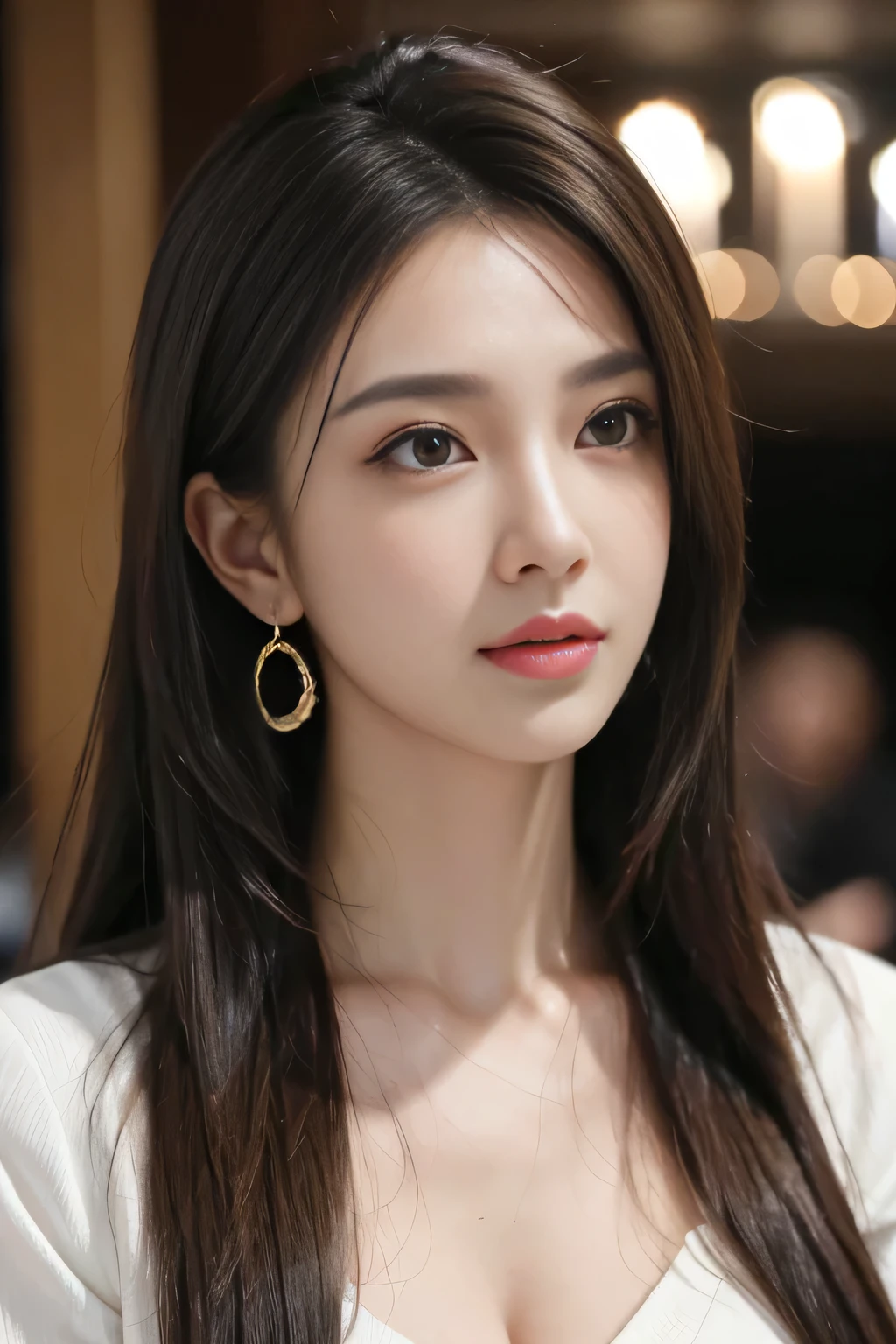 masterpiece, highest quality, Realistic, Very detailed, Finer details, High resolution, 8k wallpaper, One beautiful woman, Wear casual business attire, In a great restaurant, At night, Light brown messy hair, Perfect dynamic composition, Beautiful and beautiful eyes、Big earrings