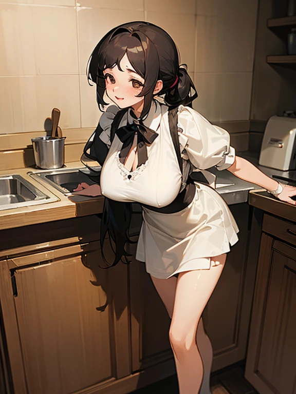 ((masterpiece, best quality, highest quality, ultra-detailed, 32K cg wallpaper, high resolution)), 1 woman,black hair,brown eye,long low ponytail hair,swept bangs,gigantic breasts,smile,parted lips,french maid,standing,from left in front,open legs,sweat,kitchen,