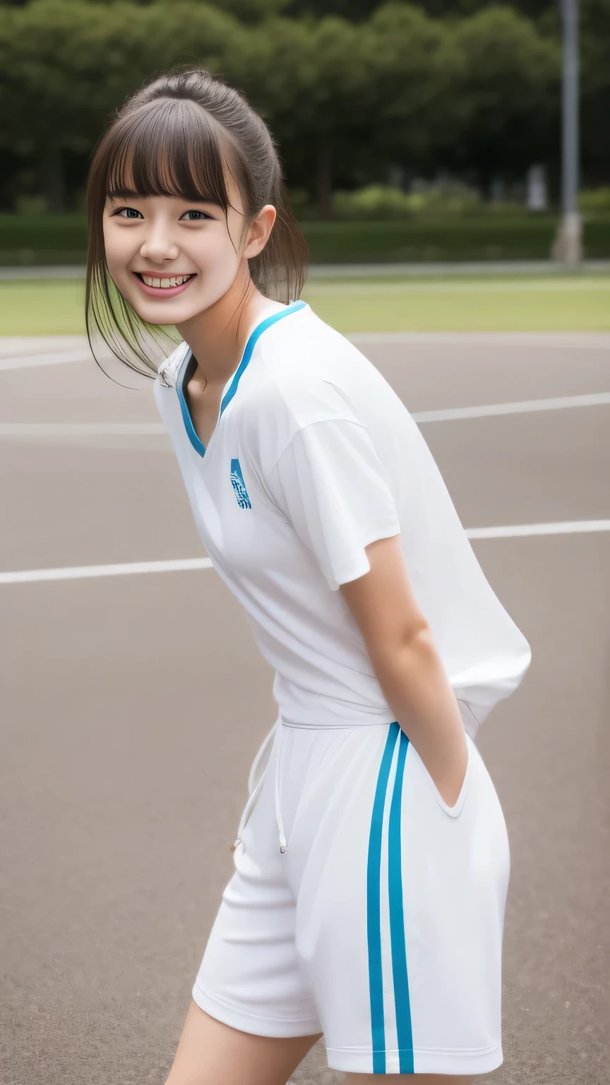 Beautiful woman、17 years old 、Full Body Shot、Sweat、Delicate face、Sportswear、Arena、bangs、Laughter、Shortcuts