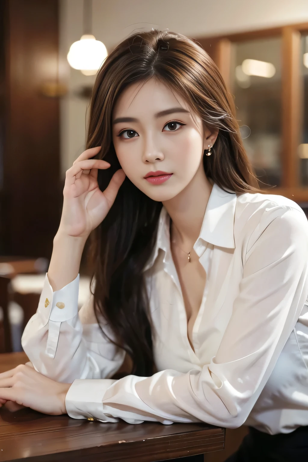 masterpiece, highest quality, Realistic, Very detailed, Finer details, High resolution, 8k wallpaper, One beautiful woman, Wear casual business attire, In a great restaurant, At night, Light brown messy hair, Perfect dynamic composition, Beautiful and beautiful eyes、Big earrings