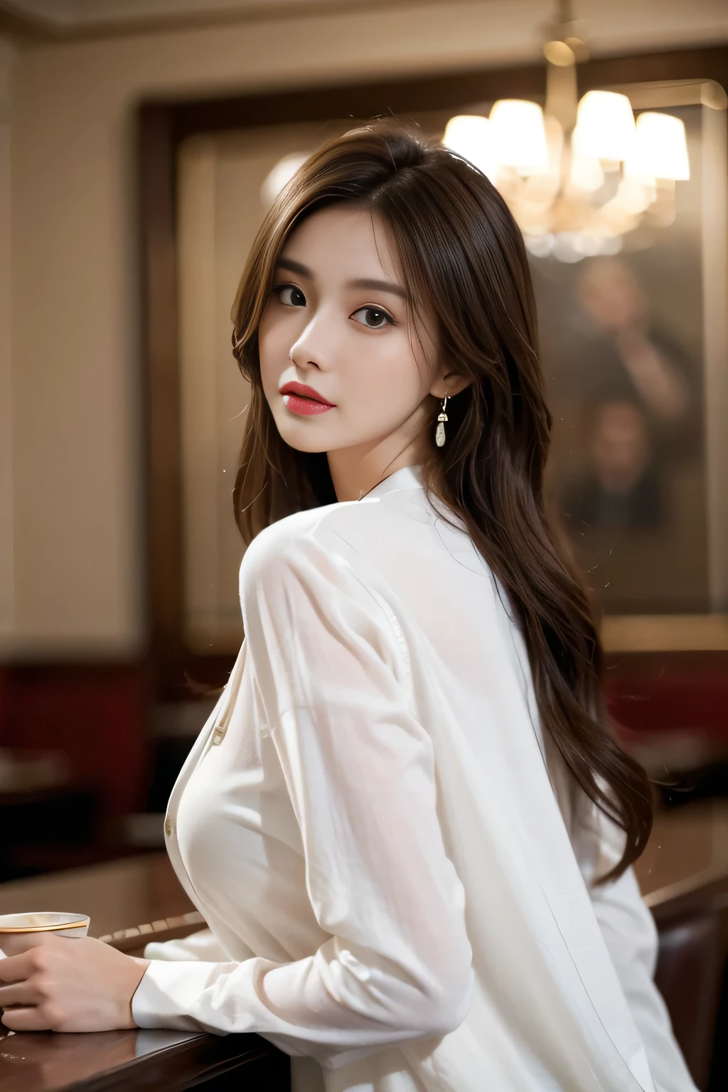 masterpiece, highest quality, Realistic, Very detailed, Finer details, High resolution, 8k wallpaper, One beautiful woman, Wear casual business attire, In a great restaurant, At night, Light brown messy hair, Perfect dynamic composition, Beautiful and beautiful eyes、Big earrings
