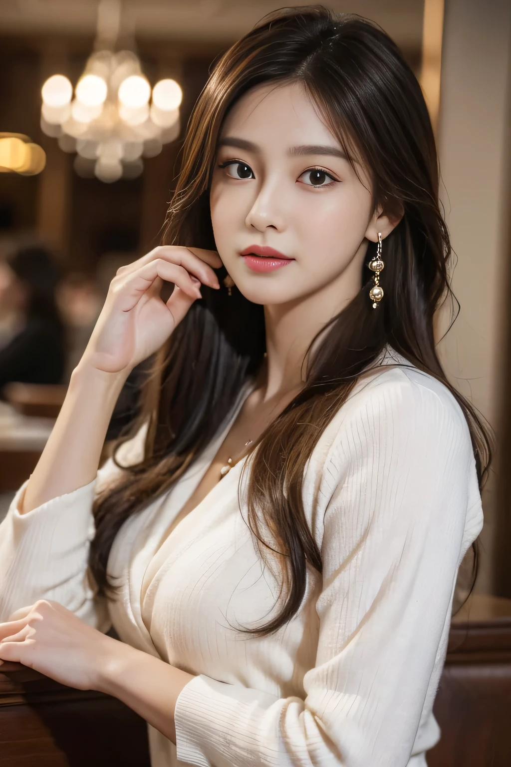 masterpiece, highest quality, Realistic, Very detailed, Finer details, High resolution, 8k wallpaper, One beautiful woman, Wear casual business attire, In a great restaurant, At night, Light brown messy hair, Perfect dynamic composition, Beautiful and beautiful eyes、Big earrings