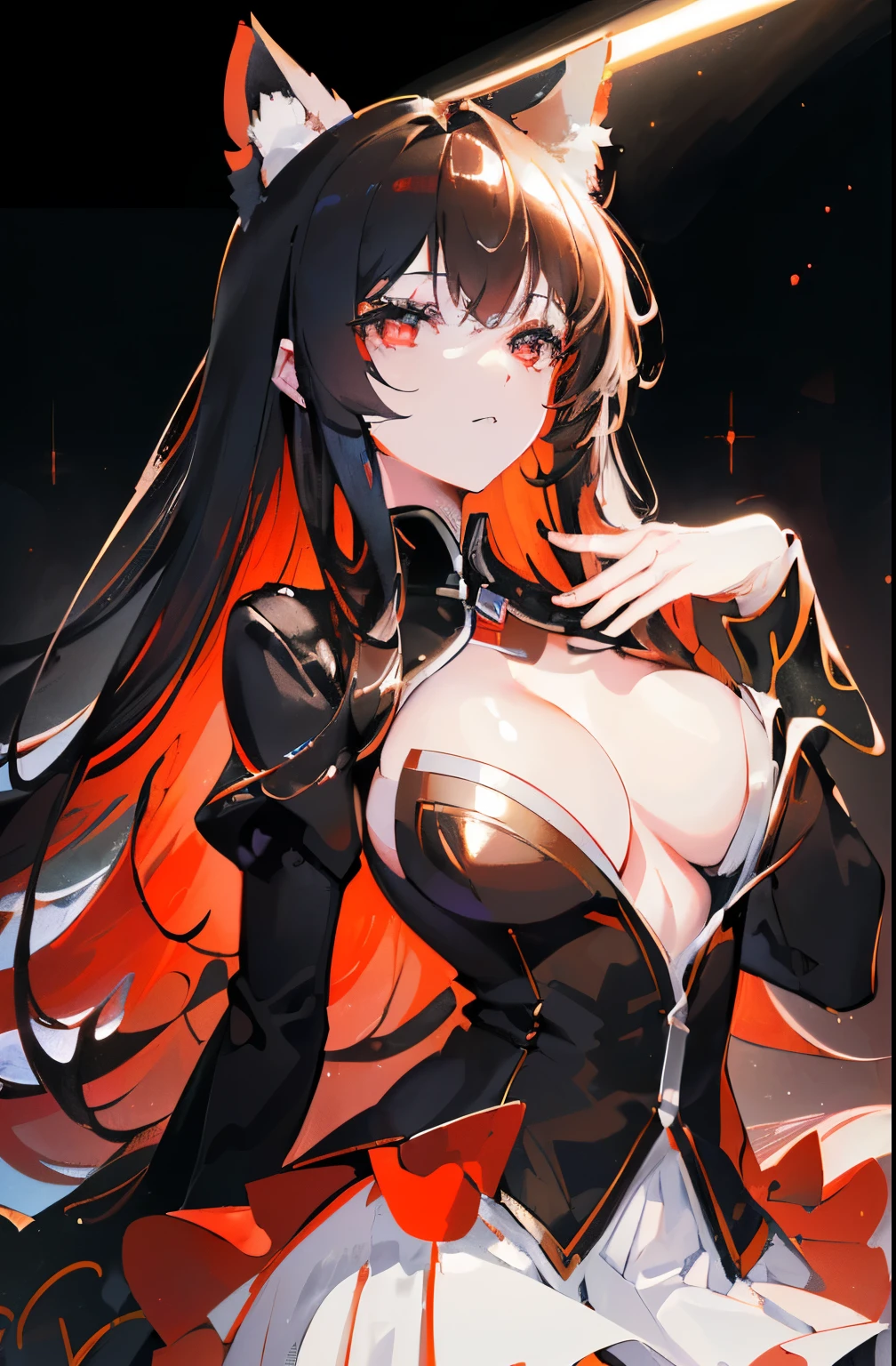 (Cat girl), (smoking), cat ears, black hair, business casual attire, cool, red dress shirt, pretty red eyes, cat tail, ((Crimson Red Eyes eyes: 1.3, Upturned Eyes: 1, Perfect Eyes, Beautiful Detailed Eyes, Gradient eyes: 1, Finely Detailed Beautiful Eyes: 1, Symmetrical Eyes: 1, Big Highlight On Eyes: 1.2)), (((Lustrous Skin: 1.5, Bright Skin: 1.5, Skin Fair, Shiny Skin, Very Shiny Skin, Shiny Body, Plastic Glitter Skin, Exaggerated Shiny Skin, Illuminated Skin))), (Detailed Body, (Detailed Face)), (((Skirt))), High Resolution, Sharp Focus, Ultra Detailed, Extremely Detailed, Extremely High Quality Artwork, (Realistic, Photorealistic: 1.37), 8k_Wallpaper, (Extremely Detailed CG 8k), (Very Fine 8K CG), ((Hyper Super Ultra Detailed Perfect Piece)), (((Flawless masterpiece))), Illustration, Vibrant Colors, (Intricate), High Contrast, Selective Lighting, Double Exposure, HDR (High Dynamic Range), Post-processing, Background Blur, (Sexy pose), (Mature woman), big sis