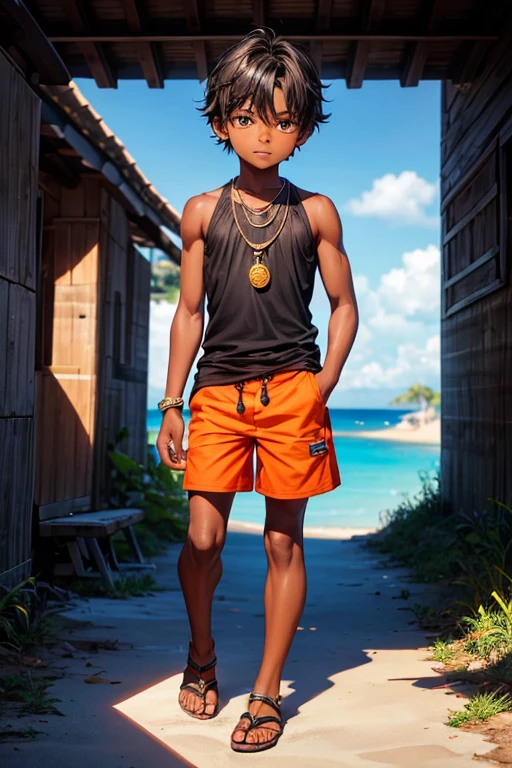 8 year old boy, dark skin with brown eyes and black hair, medieval island clothing, orange tank top, worn black shorts, black sandals, Tikki necklace, background of an island