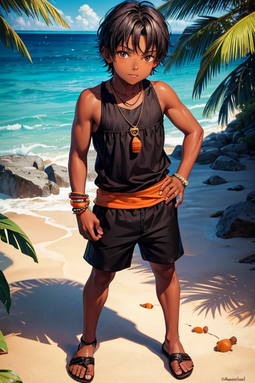 8 year old boy, dark skin with brown eyes and black hair, medieval island clothing, orange tank top, worn black shorts, black sandals, Tikki necklace, background of an island
