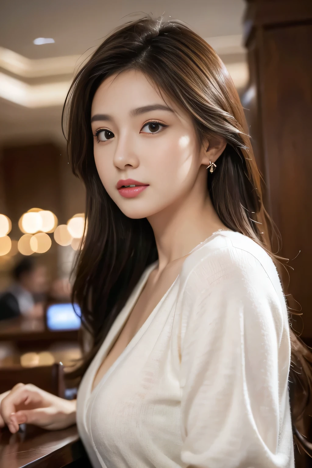 masterpiece, highest quality, Realistic, Very detailed, Finer details, High resolution, 8k wallpaper, One beautiful woman, Wear casual business attire, In a great restaurant, At night, Light brown messy hair, Perfect dynamic composition, Beautiful and beautiful eyes、Big earrings
