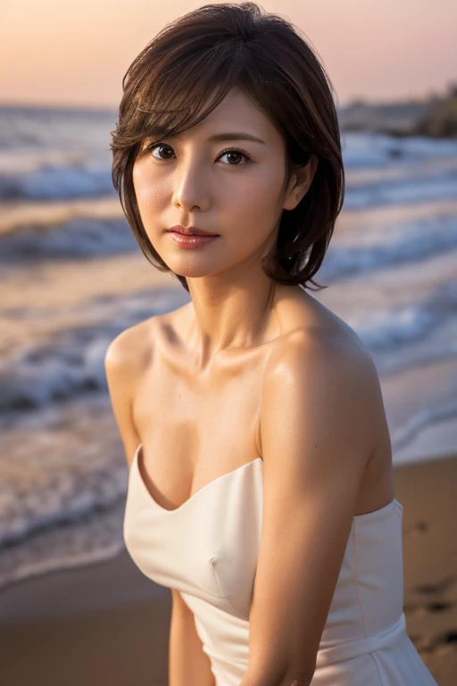 masterpiece, highest quality, High resolution, Photorealsitic, Raw photo, 8k wallpaper, perfection, Professional Lighting, Soft Light、Outdoor, Very detailed, Depth of written boundary,beach、Sandy Beach、sunset, ((One beautiful woman, Japanese Mature)), (48yo)), Female Sexy, Detailed face, Beautiful Eyes, Bangs, Shapely breasts, Boob Emphasis、I can see her cleavage、Light brown straight hair, Faint lips, Point first(Touching lips:1.5)、 ((Stand in front、Staring at the beholder、Serious face eyes。)), Blue elegant dress, shoulderless dress、Cowboy Shot。