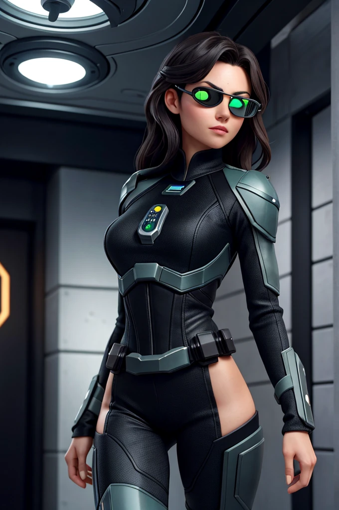 (8K high-quality masterpiece, 1 mulher Sexy, Black perspective: 1.1, Super detailed face) 马克·德姆斯特德风格的星球大战Jedi Master, Jedi Master, Star Wars Jedi Knight and his lightsaber, Green Light, visual contact, focus, Interior background, Milky Way, on a space station, Imperial Ship Interior, accurate, ((((Vision)))), Pleasant tones, Crazy details, Intricate details, Super detailed, Low contrast, Soft movie lighting, Dark, Exposure Blending, HDR, Faded, Slate gray atmosphere, with Sexy expression, Sharp eyes, whole body, Black Hair, Facial expressions. (Sexy:1.33), (flirt, Loving eyes, ), ((Natural skin texture))(Petonou: 0.5), (Small chest:0.8), Big Ass, depending on, (:1), ((High Angle,focus nítido)),(Redshift style), original photo, Hard Drive, RTX Series, 4K, 8k, Hard Drive, ((Hyperrealistic photos, better quality, Main Part, Practical,The best shades,Optimal lighting,detail depending on,))