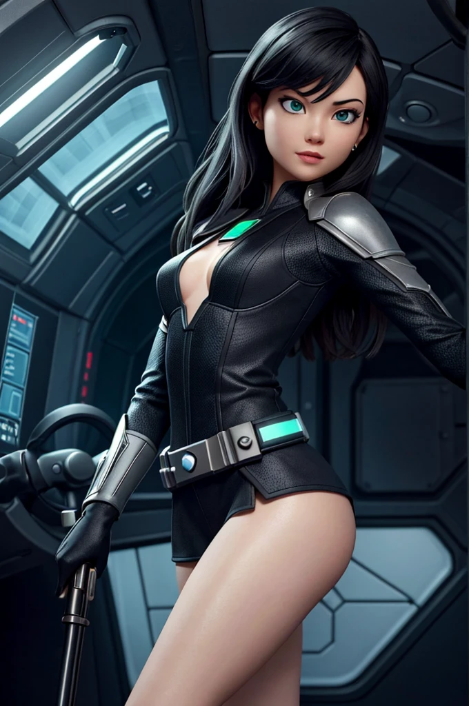 (8K high-quality masterpiece, 1 mulher , Black perspective: 1.1, Super detailed face) 马克·德姆斯特德风格的星球大战Jedi Master, Jedi Master, Star Wars Jedi Knight and his lightsaber, Green Light, visual contact, focus, Interior background, Milky Way, on a space station, Imperial Ship Interior, accurate, ((((Vision)))), Pleasant tones, Crazails, Intricate details, Super detailed, Low contrast, Soft movie lighting, Dark, Exposure Blending, HDR, Faded, Slate gray atmosphere, with Sexy expron, Sharp eyes, whole body, Black Hair, Facial expres (Sexy:1.33), (flirt,ing eyes, ), ((Natural skin texture))(Petonou: 0.5), (Small chest:0.8), Big Ass, depending on, (:1), ((High Angle,focus nítido)),(Redshift style), original photo, Hard Drive, RTX Series, 4K, 8k, Hard Drive, ((Hyperrealistic photos, better quality, Main Pa Practical,The best shades,Optimal lighting,detail depending on,))