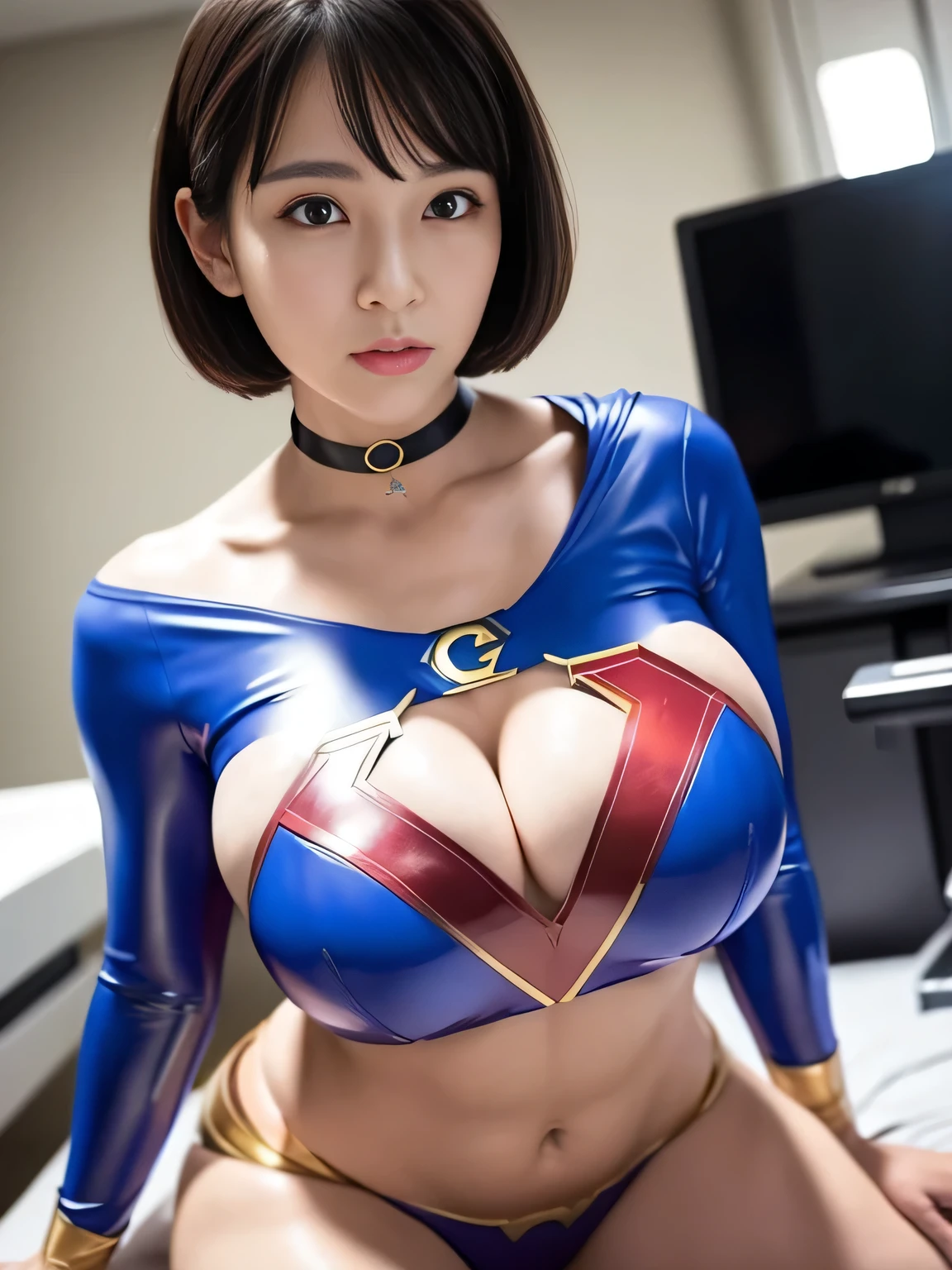 masterpiece、Enamel Supergirl Costume、Short Hair、Hospital operating table、Crisis situation、Big and ample breasts、looking at the camera、Shiny、Off the shoulder、choker、Long sleeve、exy poses to seduce、Sweaty、Model Body Type、Alluring、charm、Enchanting、Abused、test subject、victim、Wild、Photorealistic、latex、