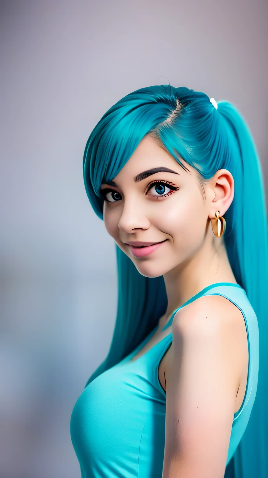 skistyle, miku hatsune, masterpiece, best quality, 1girl, blush, aqua eyes, cap, closed mouth, earrings, hat, hoop earrings, jewelry, looking at viewer, shirt, simple background, solo, upper body, yellow shirt