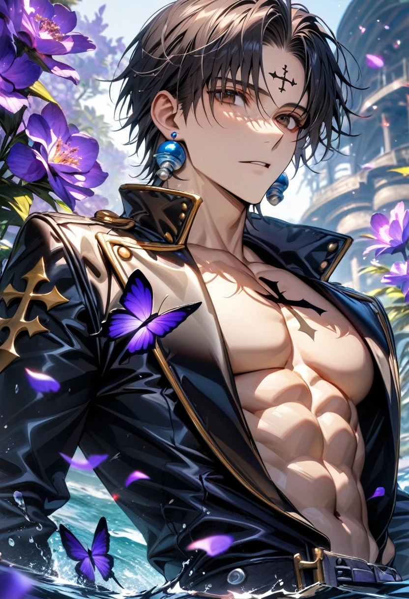 absurdres, highres, ultra detailed, HDR, master piece, best quality, Chrollo Lucilfer, black hair, expressive brown eyes, cross tattoo on the forehead, Hunter x Hunter, black leather coat, blue earrings, solo, sexy man, handsome, toned chest, water, purple butterflies, purple flowers, petals 