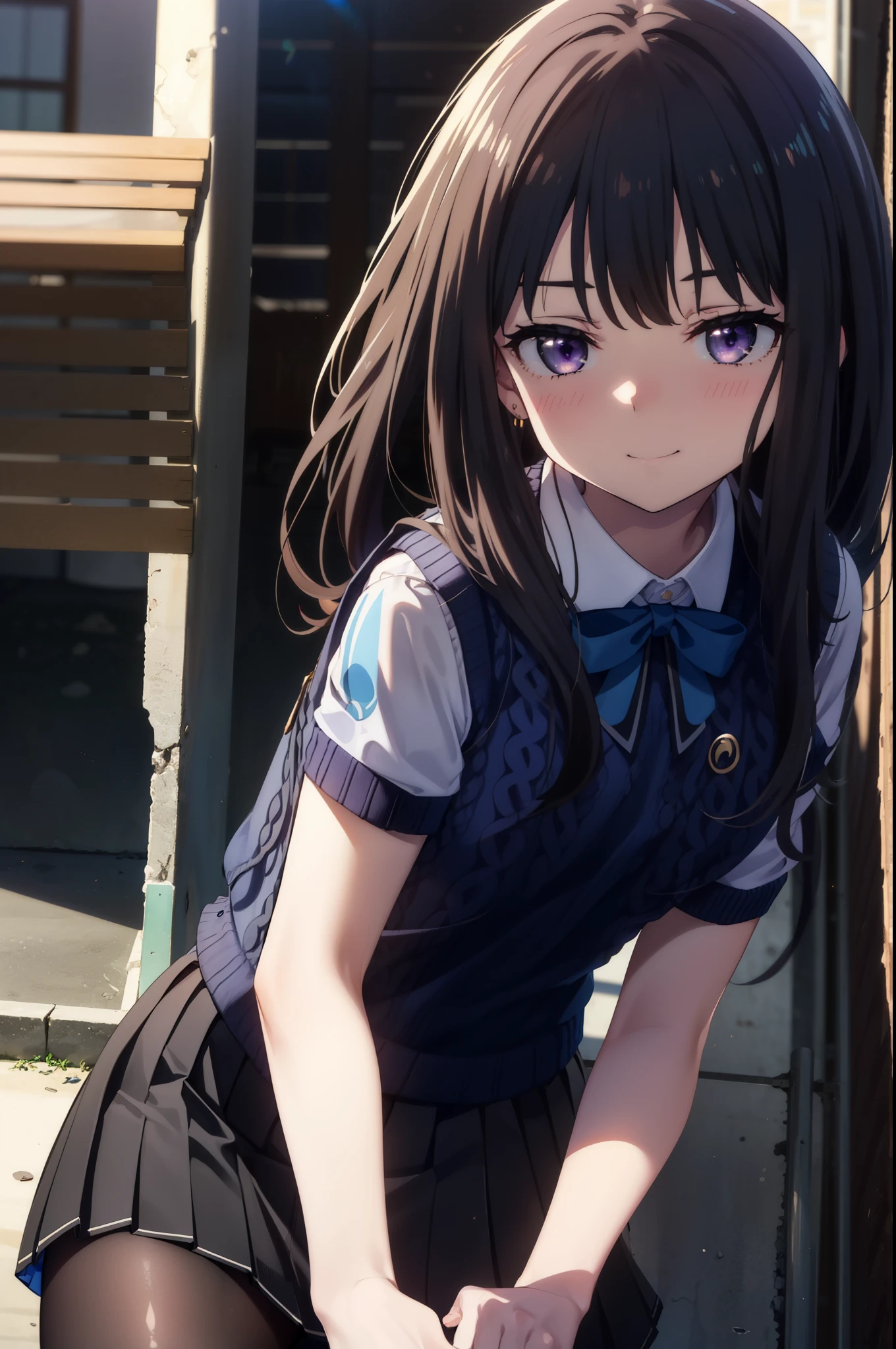 Takiuchi, Inoue Check, Long Hair, bangs, Black Hair, (Purple eyes:1.2),smile,blush,
white yシャツ, Short sleeve, Pleated skirt, socks, Collared shirt, mini skirt, Black pantyhose, (Black Skirt:1.5), Sweater vest, (blue Sweater vest:1.5),Brown Loafers,Daytime,sunny,walking，whole bodyがイラストに入るように,　　　　　　　break looking at viewer, whole body, 
break indoors, School　corridor,
break (masterpiece:1.2), highest quality, High resolution, unity 8k wallpaper, (shape:0.8), (Beautiful details:1.6), Highly detailed face, Perfect lighting, Extremely detailed CG, (Perfect hands, Perfect ???????),