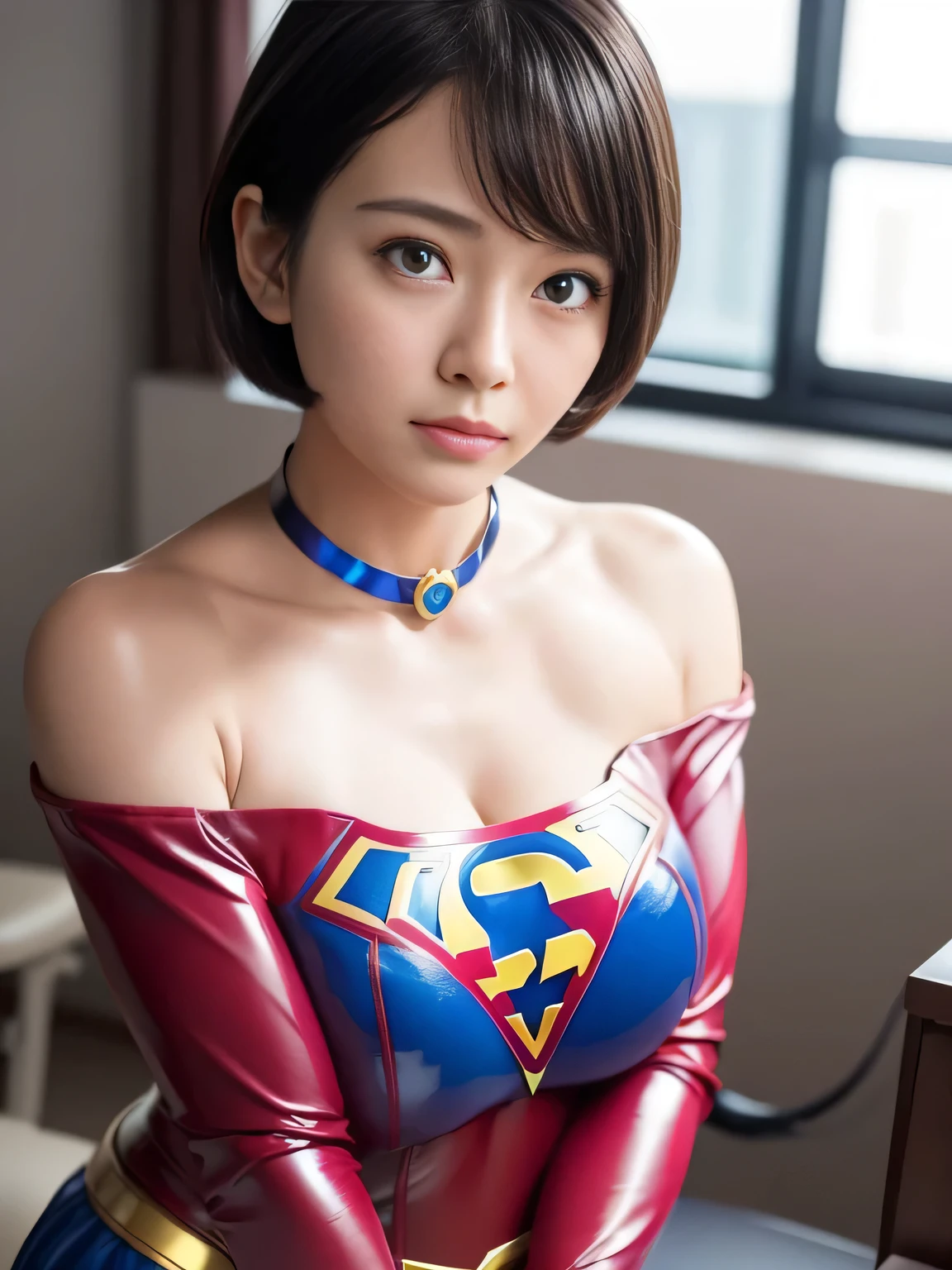 masterpiece、Enamel Supergirl Costume、Short Hair、Hospital operating table、Crisis situation、Big and ample breasts、looking at the camera、Shiny、Off the shoulder、choker、Long sleeve、exy poses to seduce、Sweaty、Model Body Type、Alluring、charm、Enchanting、Abused、test subject、victim、Wild、Photorealistic、latex、