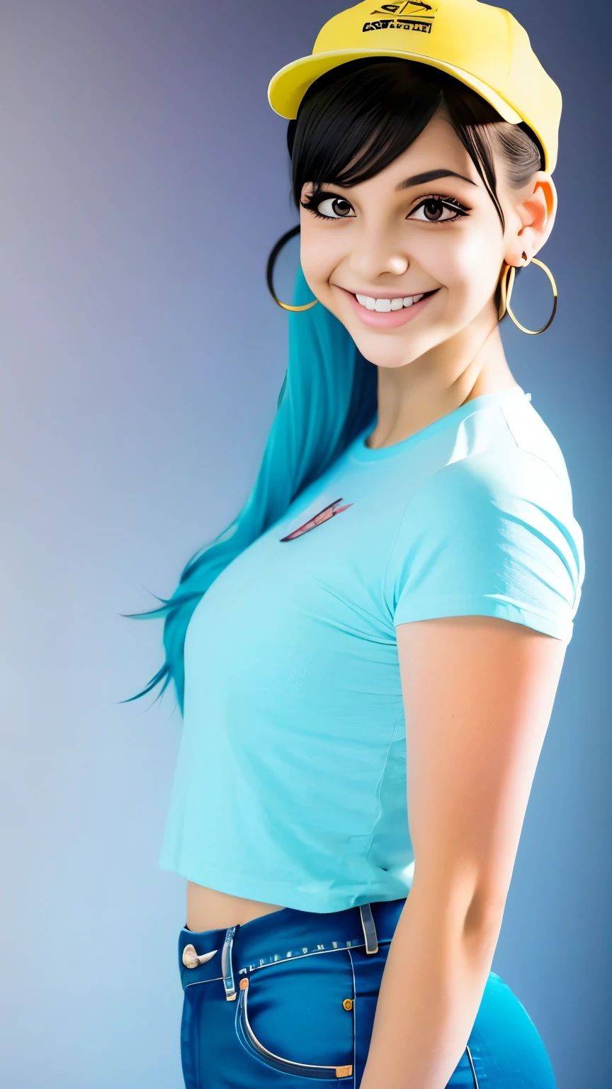 skistyle, miku hatsune, masterpiece, best quality, 1girl, blush, aqua eyes, cap, closed mouth, earrings, hat, hoop earrings, jewelry, looking at viewer, shirt, simple background, solo, upper body, yellow shirt