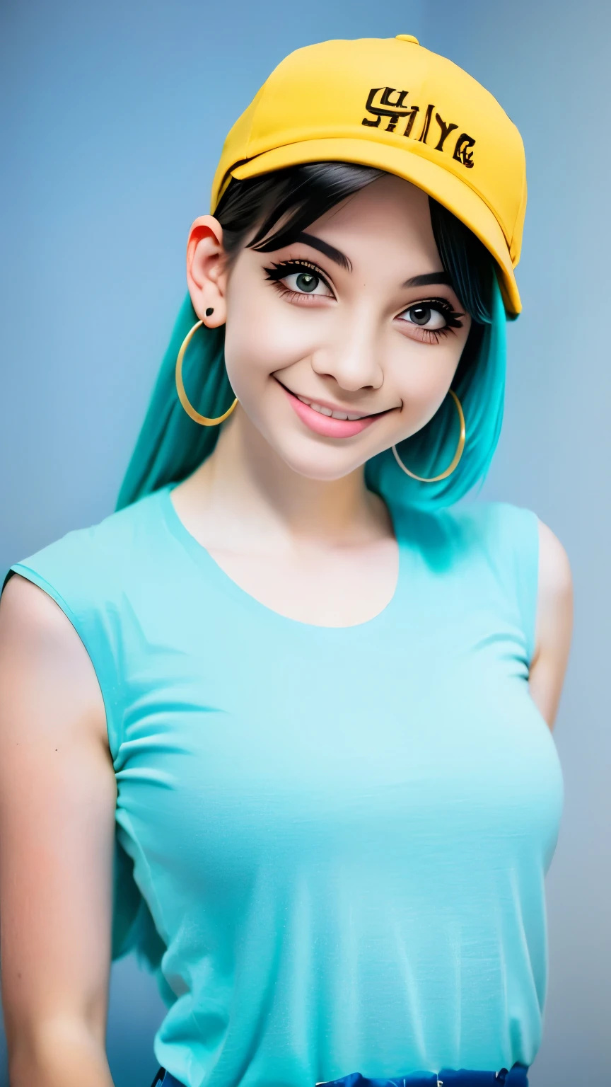 skistyle, miku hatsune, masterpiece, best quality, 1girl, blush, aqua eyes, cap, closed mouth, earrings, hat, hoop earrings, jewelry, looking at viewer, shirt, simple background, solo, upper body, yellow shirt