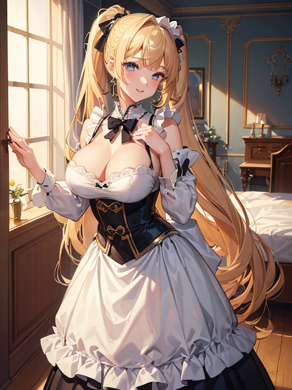 ((masterpiece, best quality, highest quality, ultra-detailed, 32K cg wallpaper, high resolution)),1 woman,golden hair,light blue eye,very long ponytail hair,center parted bangs,huge breasts,smile,parted lips,french maid,standing,from left in front,bed side,