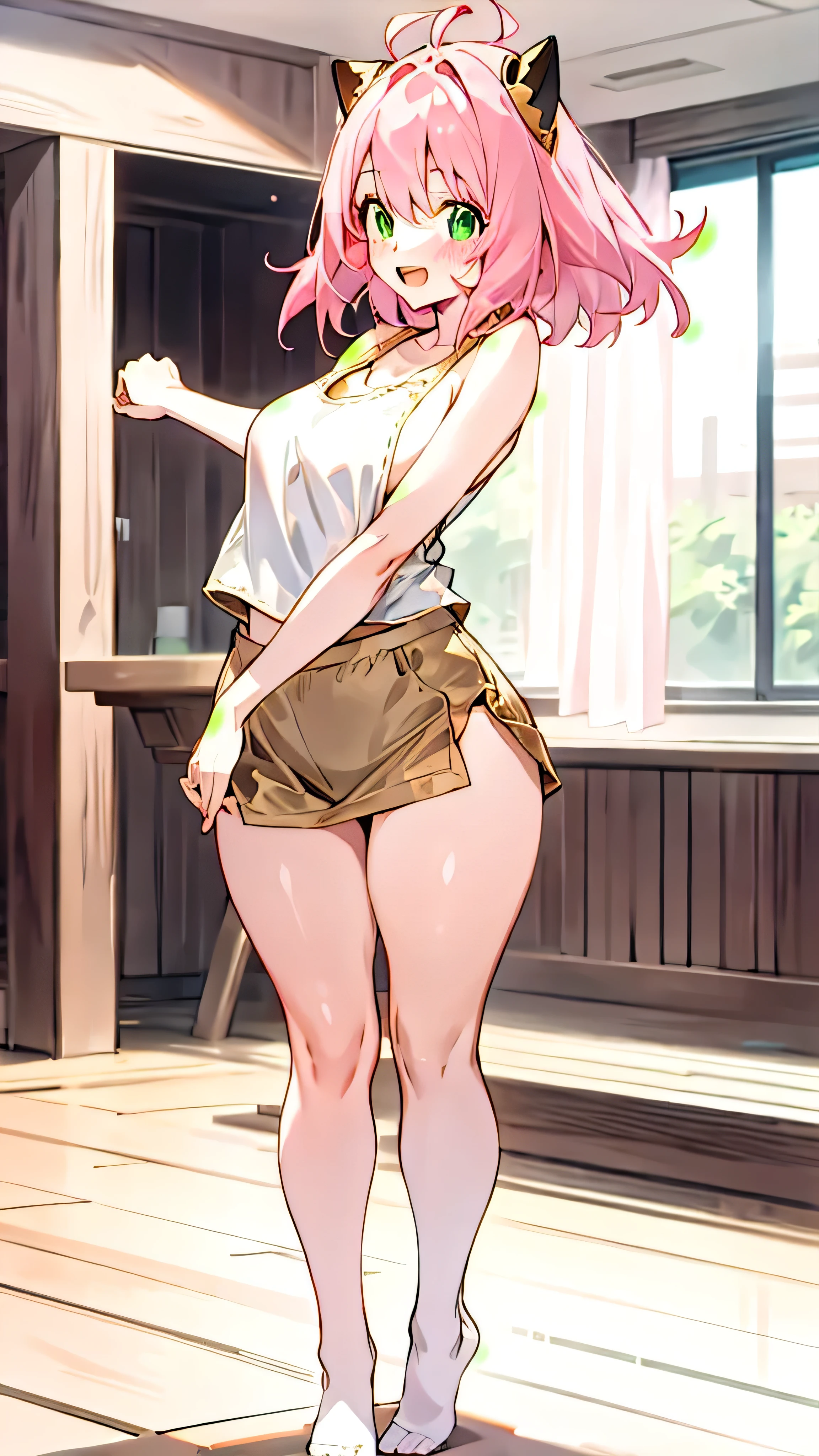 1girl, Pink hair, green eyes, smiling expression, blushing cheeks, white tank top with no bra, skirts, no shoes, black and gold cat ears headband, indoors, standing, adult:1.5), looking at the viewer, open mouth, curvy hips, long legs, buttchicks