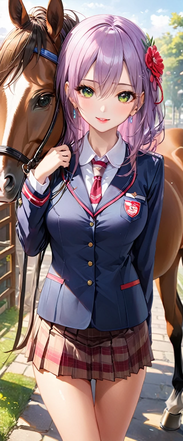 (Obra maestra,of the highest quality,super high resolution),mujer japonesa, (((Very beautiful girl of 25 years))), pretty girl、Watch the photographer、 ((hermosa cola de caballo baja)), super cute face, labios brillantes, double eyelids in both eyes,sonrisa natural、 maquillaje natural, long eyelashes, Cabello brillante y suave、imagen central, extremidades perfectas, perfect anatomy,(((uniforme escolar))、escuela,