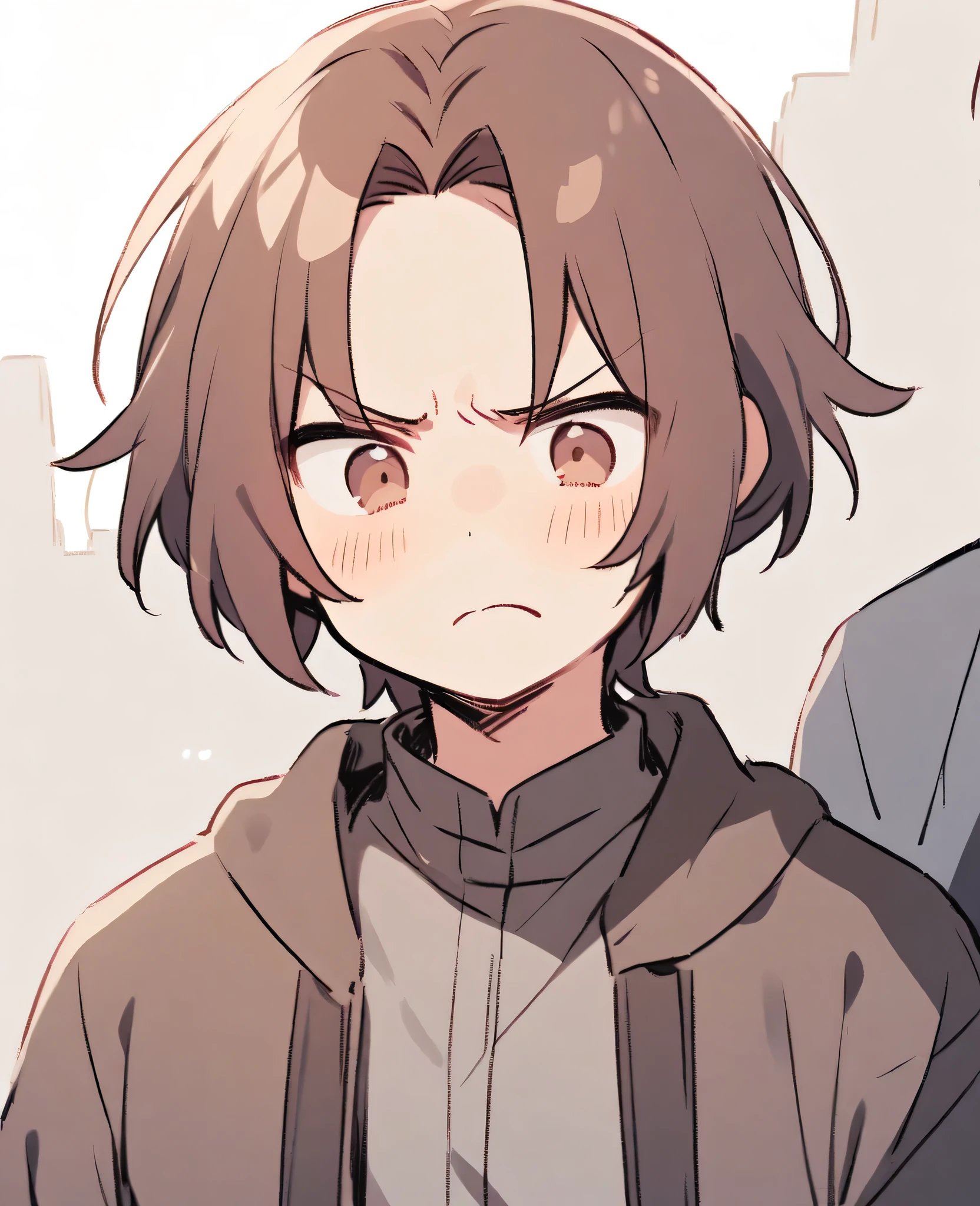 boy, long brown hair, without bangs, frowning. 