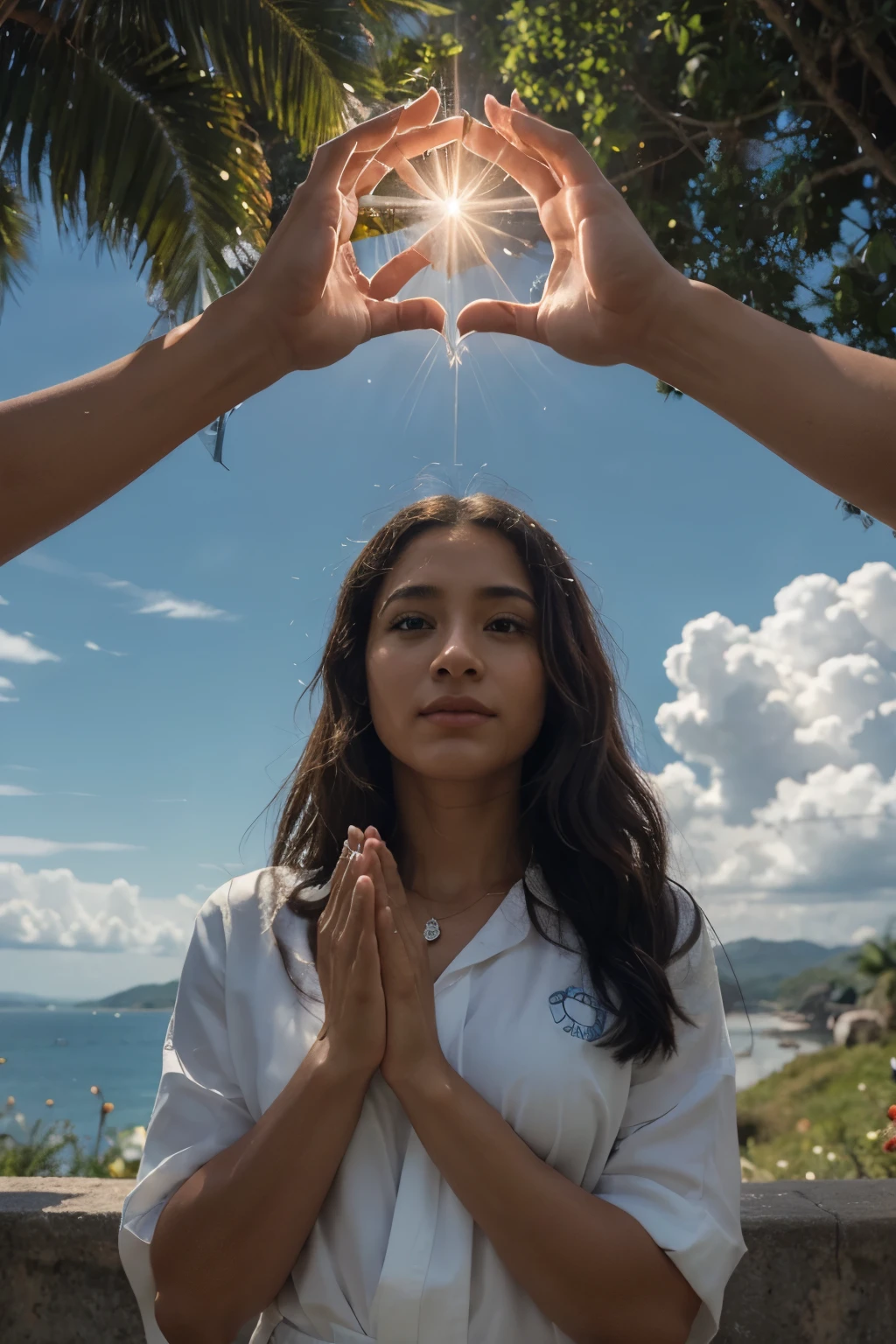 "Desenhe uma cena tranquila e serena, com uma figura humana de joelhos, hands raised to the sky in a gesture of prayer. Ao redor desta figura, represente uma aura de luz divina, radiating warmth and hope. in the sky, place a symbolic image of the Trinity, representando o Pai, the Son and the Holy Spirit, surrounded by a cloud of glory. In the hands of the father, place a jar overflowing with living water, symbol of healing and renewal. Ao redor da figura central, insert elements of healing and liberation, como correntes quebradas, hearts restored and rays of light dispelling the darkness. Abaixo da cena, inclua a seguinte frase: 'Prayer of Healing and Liberation: Que a luz divina nos liberte e cure, guiando-nos para a plenitude da vida em Cristo.'"