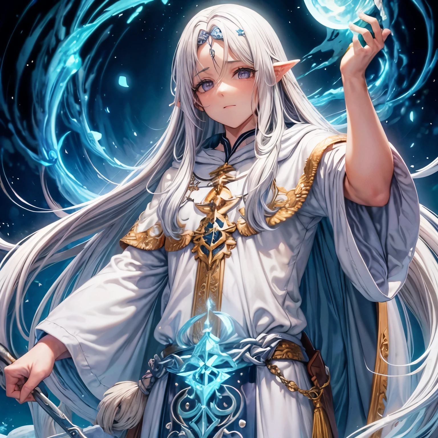Um homem de cabelo branco, elfo, e usa magia de fantasma, e com grandes orelhas de elfos, com cabelo curto, and with two large purple ghost-style hands near the head 