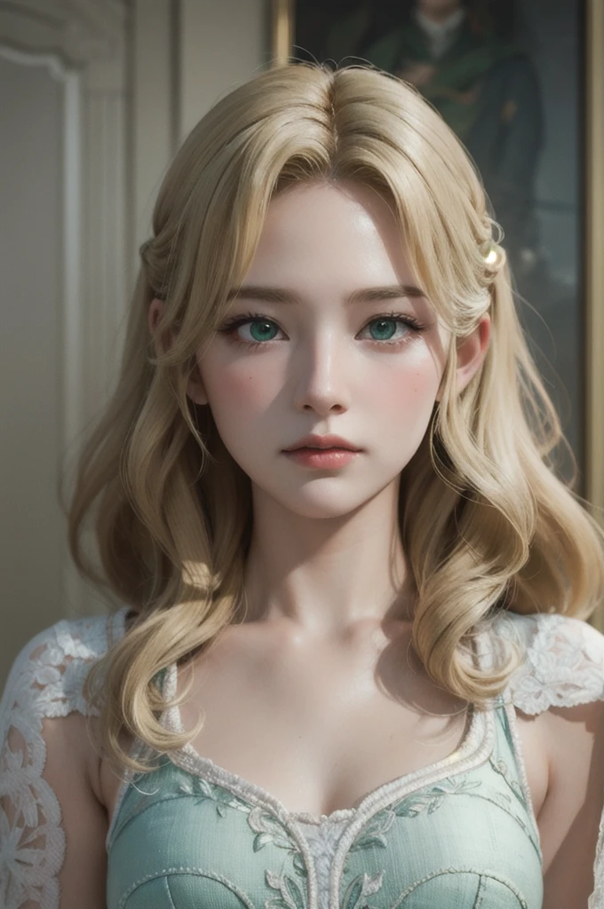 1 Girl, masterpiece, best quality, 8k, Delicate skin texture, Detailed fabric texture, Beautiful and delicate face, Intricate details, Super detailed, A European girl, Green Eyes, Blondes have curly hair, 3D Characters, Middle Century Knight