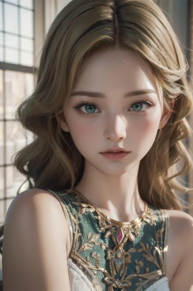 1 Girl, masterpiece, best quality, 8k, Delicate skin texture, Detailed fabric texture, Beautiful and delicate face, Intricate details, Super detailed, A European girl, Green Eyes, Blondes have curly hair, 3D Characters, Middle Century Knight