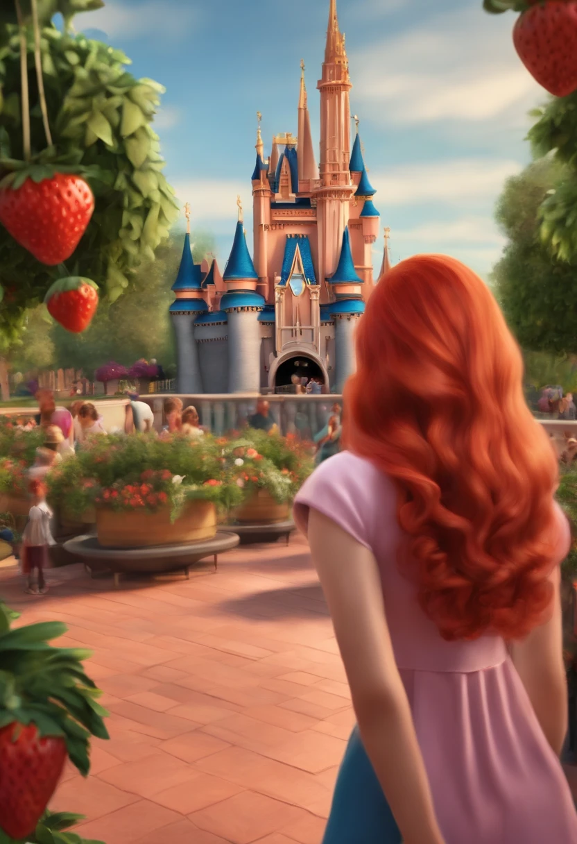 girl with strawberry red hair in cartoon style at Disney with her family.