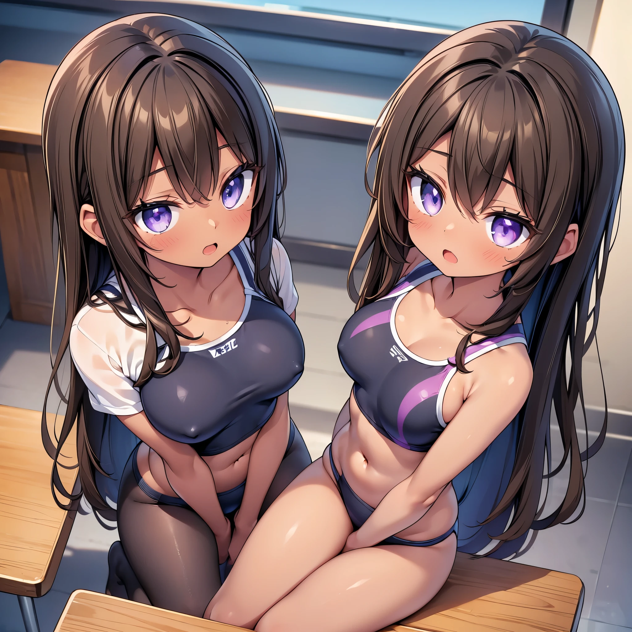 (cute eyes:1.2), (sparkling eyes:1.2), (8K、Best image quality、highest quality、masterpiece)、Detailed face、(2 girls, ((Brown Skin:1.3)))、Improve、(Black Hair, Purple Eyes, long hair)、(open mouth), (embarrassed), (skinny body:1.3),(small breasts), (competition swimsuit:1.1), (crop top navel), Sit on a chair, Classroom Background, (black stockings:1.1), (Thighs:1.1), (Waistline:1.1),(close-up shot of bust), (from above:1.2)