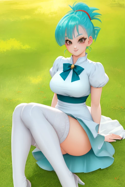 (best quality,artwork,anime,portrait),(Bulma from Dragon Ball,short dress,white wedding dress,inside a Park,bright eyes,loose hair,white stockings,beautiful smile)