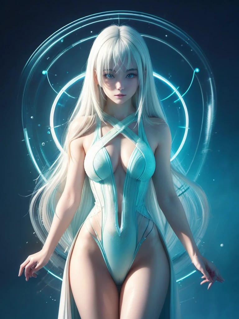 ((Upper Body)), best quality, masterpiece, a japanese woman ((Glowing white hair)), ((Detailed pearly blue eyes)), High Detail Goddess Soul, Focus on the role, Solitary, (Style Swirl Magic), Solitary, From the front, Front view, Looking at the audience, Delicate face, ((Glowing Lighting Magic Circle Theme)), perched on a ledge, Skinny neon body, Light streaks, Dark Abyss Wanderer Summary, ((Simple Glowing Neon Robe)), Carved with mysterious runes, Outdoor dystopian background,