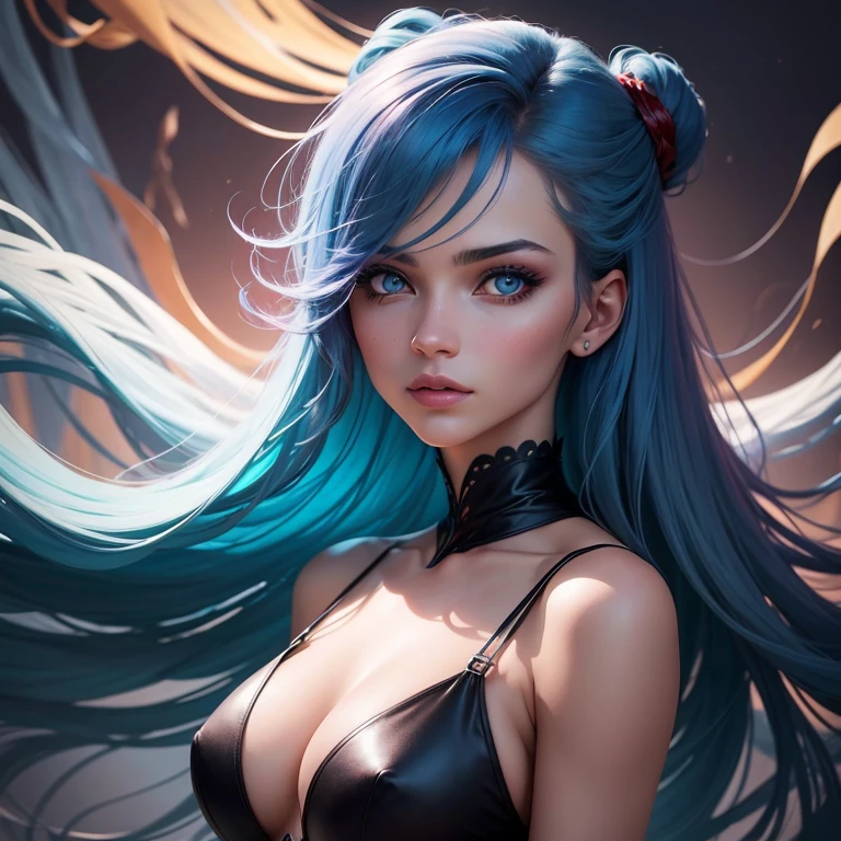 Criar uma fotografia profissional de uma bela mulher de 26 anos, with blue hair and an intense red iris. She is in an artistic and surreal 2D environment, com um fundo abstrato e colorido. O cabelo da mulher flui em ondas suaves enquanto captura a luz de forma brilhante. Seus olhos vermelhos se destacam contra a vivacidade do fundo, transmitindo uma energia misteriosa e poderosa. She's wearing an elegant, modern dress, with unique cuts and details that complement your unique personality. The photograph is captured at an artistic angle, emphasizing the beauty and confident expression of the woman. The lighting is soft and balanced, enhancing your facial features and creating a captivating atmosphere. The image conveys a sense of mystery and strength, combining artistic and realistic elements in an impressive composition.