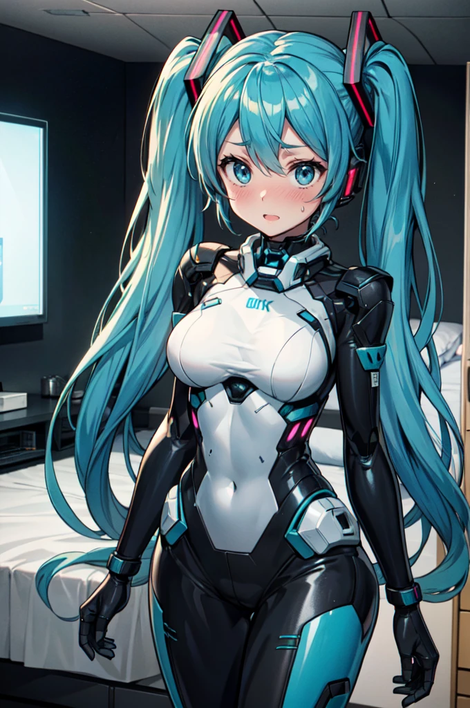 Hatsune Miku Vocaloid, Twin Tails, Light Blue Eyes, Light Blue Hair, Bod ysuit, (mecha girl), Cyber punk, Ultimate Physical Beauty, Beautiful Eyes, big breasts, embarrassed look , bedroom, Bigchest, 8K CG, Top Quality, Best Image Quality,