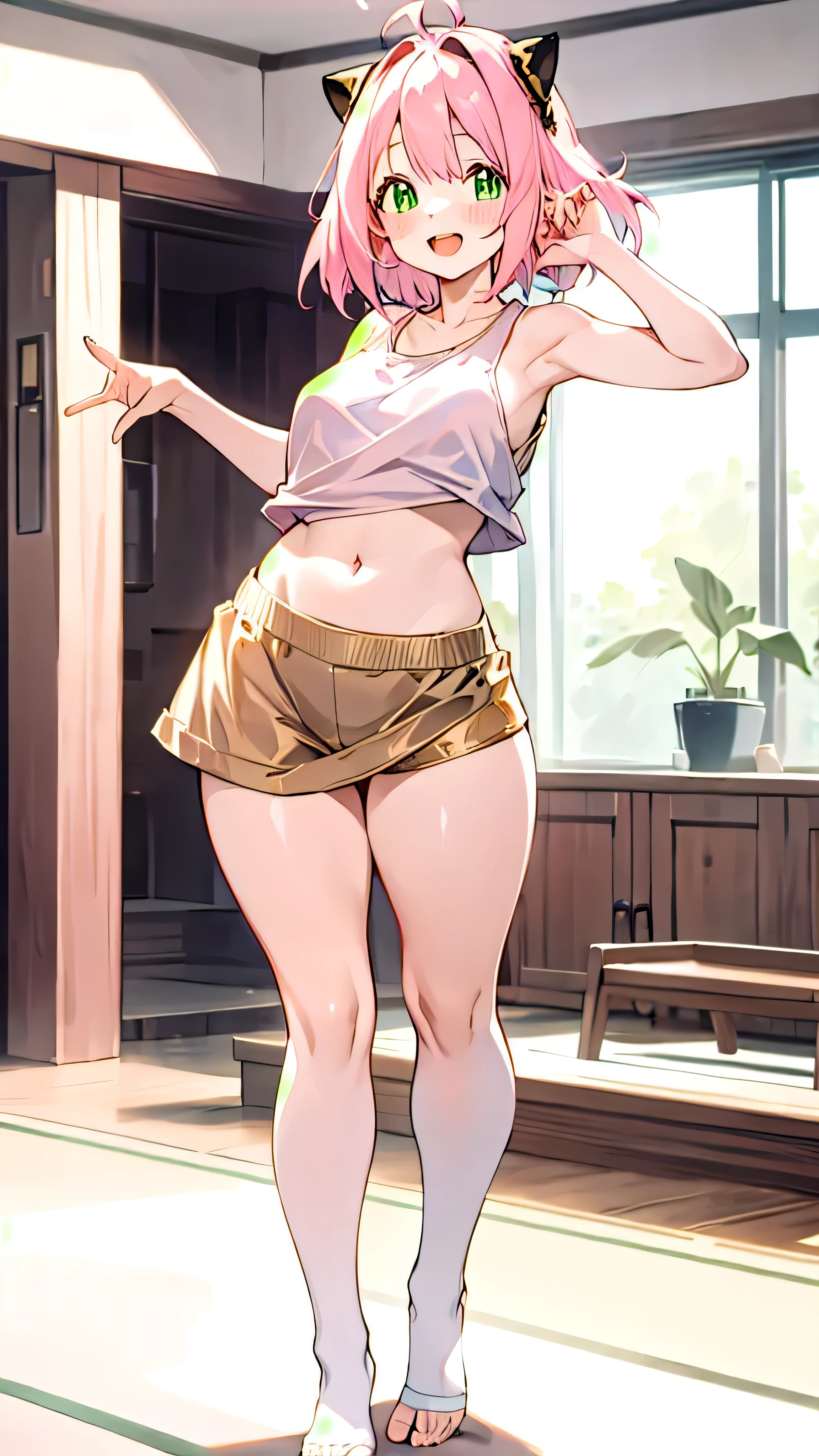 1girl, Pink hair, green eyes, smiling expression, blushing cheeks, white tank top with no bra, skirts, no shoes, black and gold cat ears headband, indoors, standing, adult:1.5), looking at the viewer, open mouth, curvy hips, long legs, buttchicks 