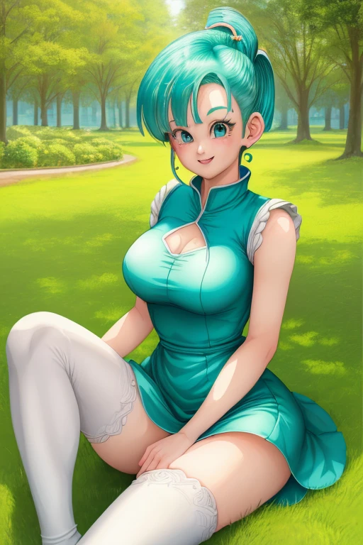 (best quality,artwork,anime,portrait),(Bulma from Dragon Ball,short dress,white wedding dress,inside a Park,bright eyes,loose hair,white stockings,beautiful smile)