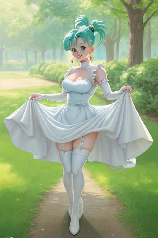 (best quality,artwork,anime,portrait),(Bulma from Dragon Ball,short dress,white wedding dress,inside a Park,bright eyes,loose hair,white stockings,beautiful smile)